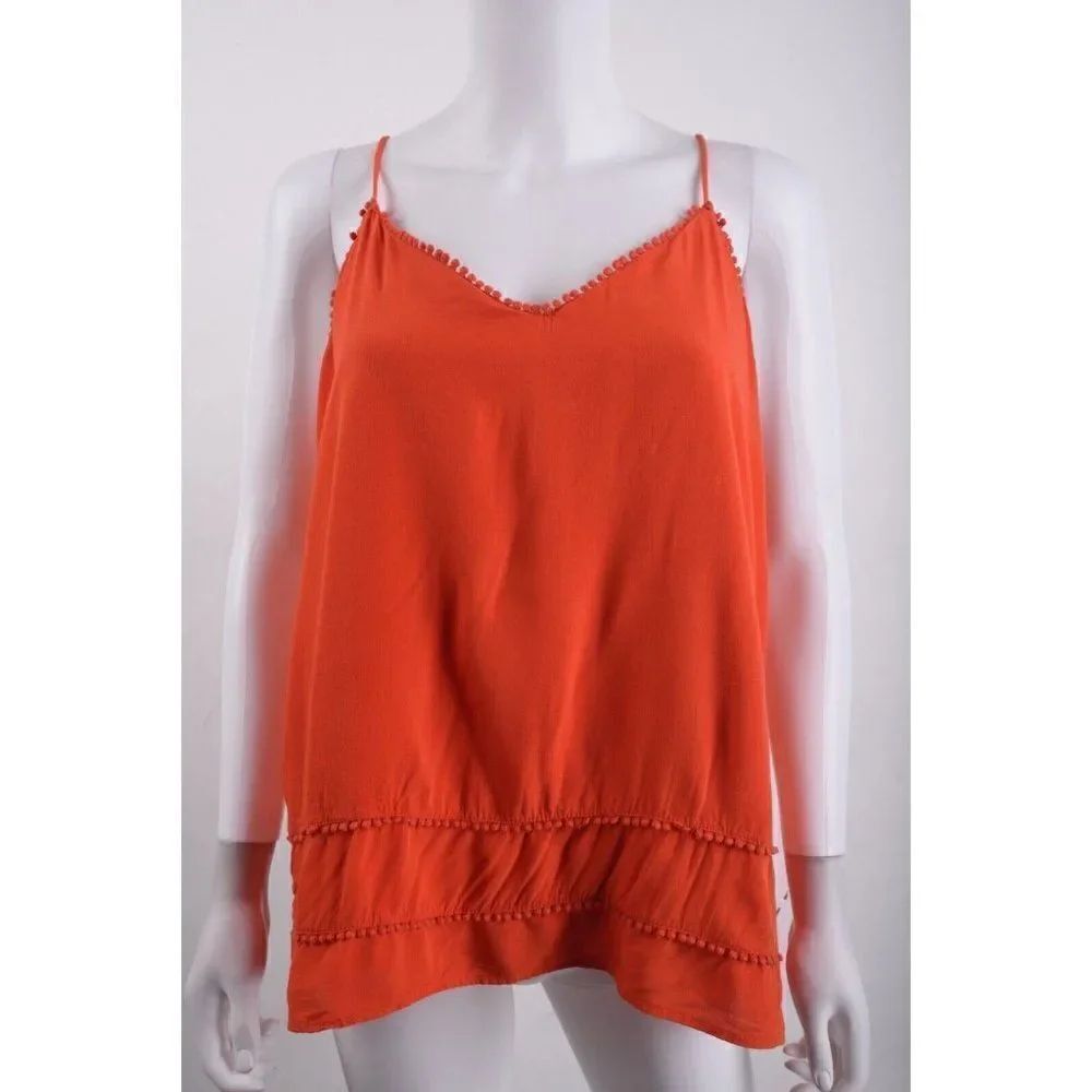 LOFT Ann Taylor Womens Tank Top Shirt M Orange Pom Pom Trim Sleeveless